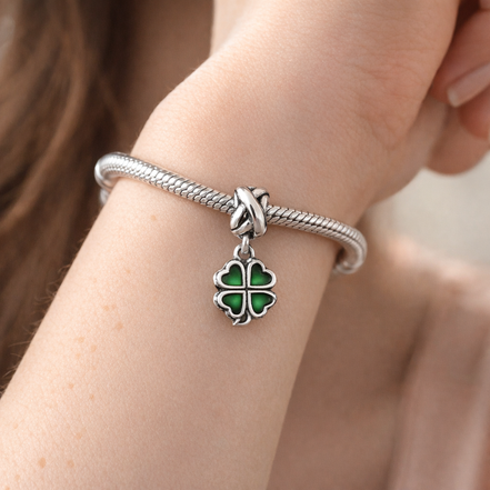 Green Clover Charm - Green Four Leaf Clover Charm — worn on wrist