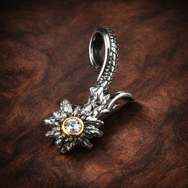 Sunrise Hope Charm - Sunflower Keep Me Hope Charm — display on walnut