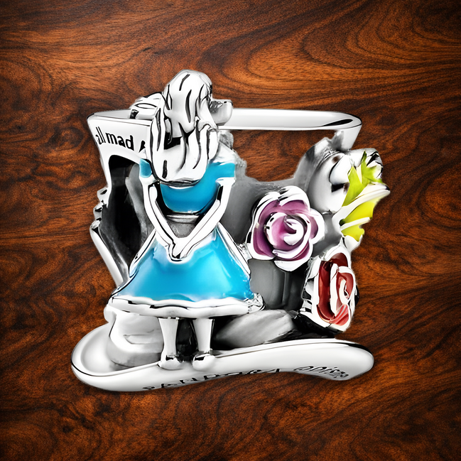 Alice Teacup Scene Charm - Alice-Inspired Teacup Scene Charm — display on walnut