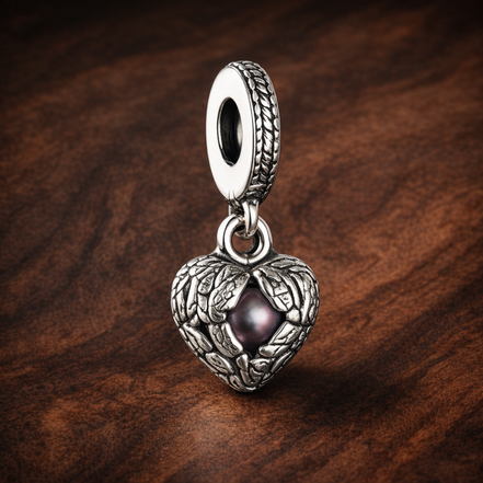 Open Heart Charm - Ornate Open Heart Dangle Charm — display on walnut
