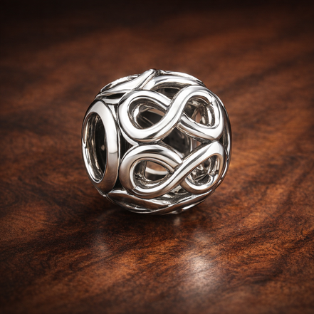 Openwork Infinity Charm — display on walnut