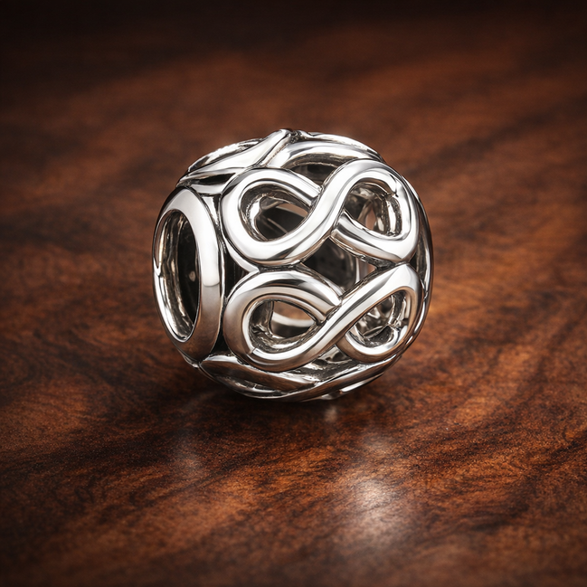 Openwork Infinity Charm — display on walnut