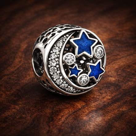 Starry Night Charm - Blue Star and Moon Bead Charm — display on walnut