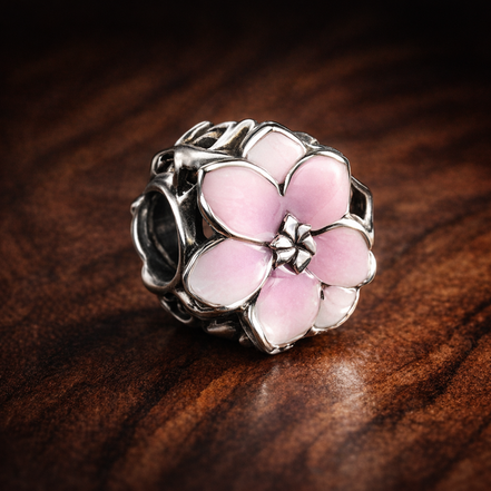 Pink Orchid Charm - Pale Pink Orchid Flower Charm — display on walnut
