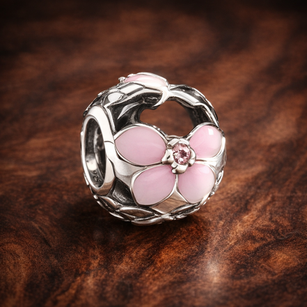 Pink Flower Spacer Charm - Pink Flower Wrap Bead Charm — display on walnut