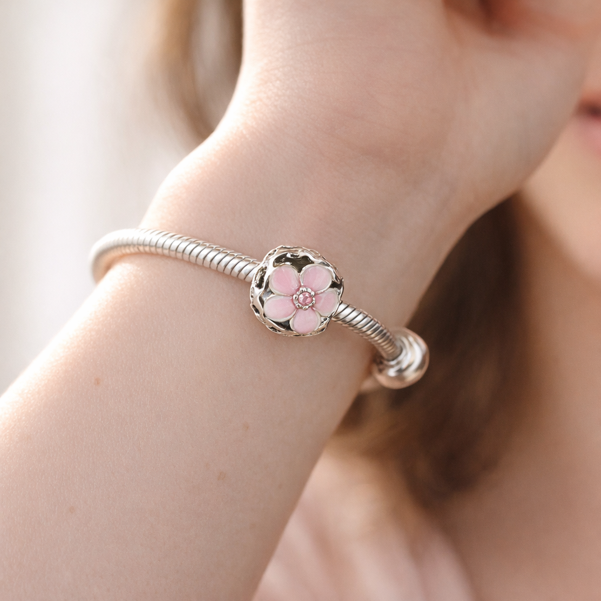 Pink Flower Spacer Charm - Pink Flower Wrap Bead Charm — worn on wrist