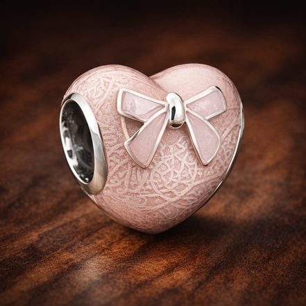 Pink Lace Heart Charm - Pale Pink Lace Heart Bead Charm — display on walnut