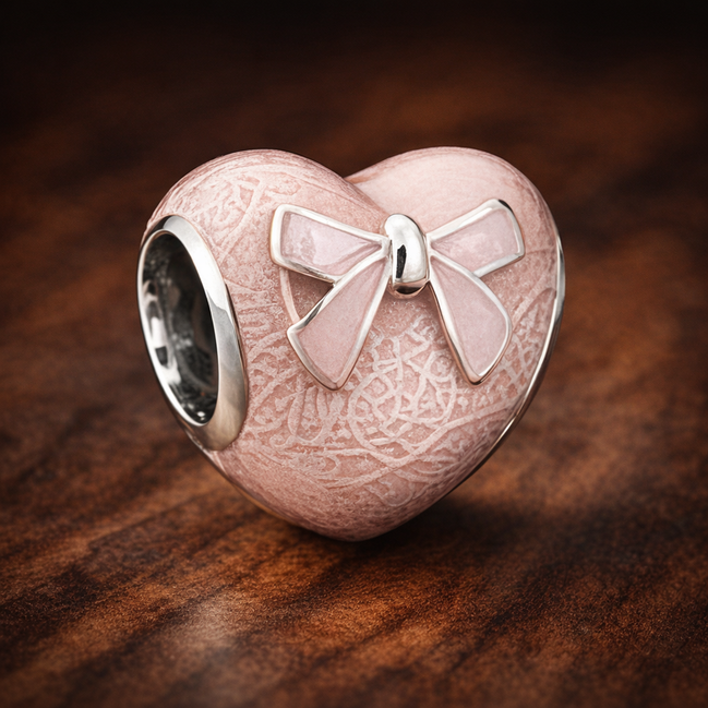 Pink Lace Heart Charm - Pale Pink Lace Heart Bead Charm — display on walnut