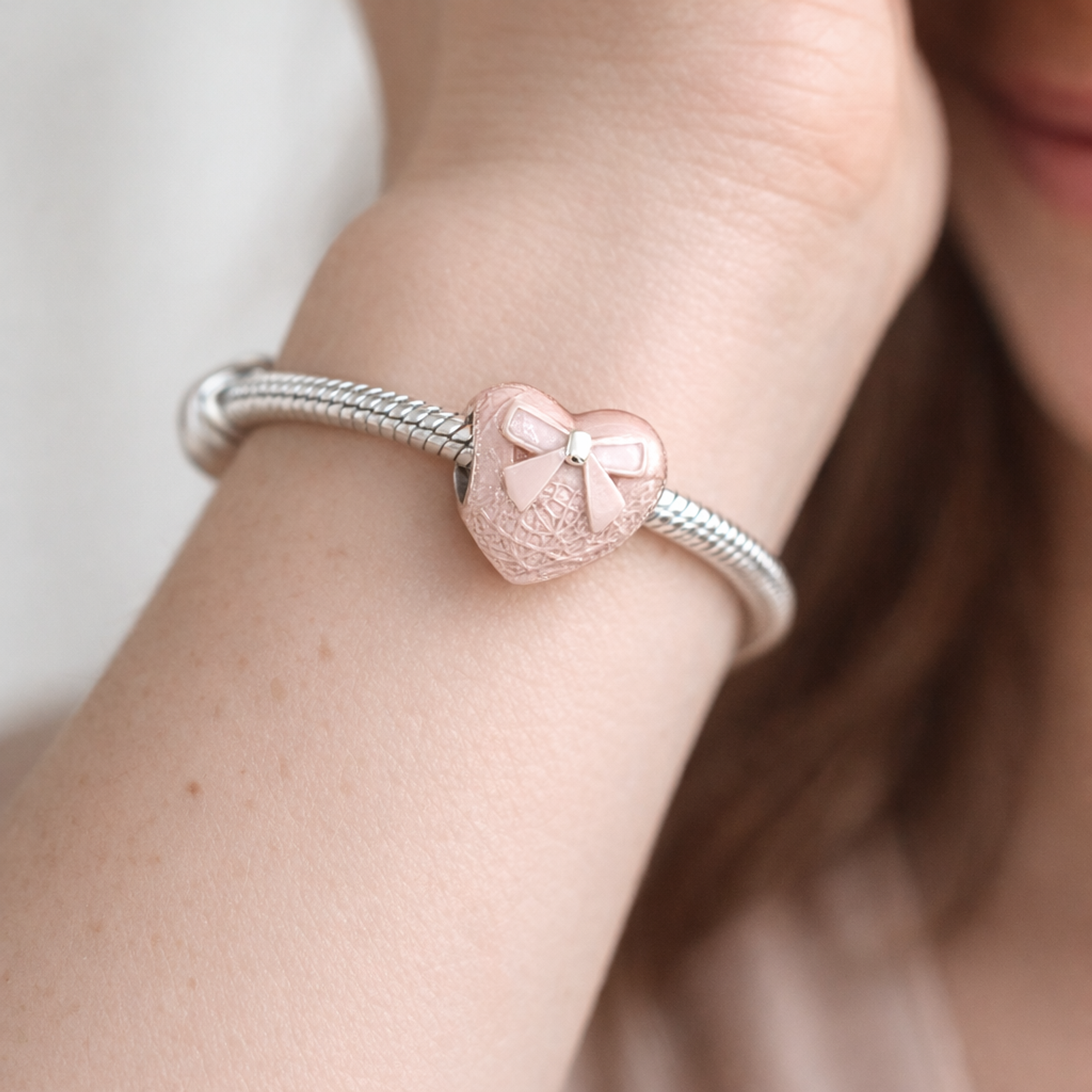 Pink Lace Heart Charm - Pale Pink Lace Heart Bead Charm — worn on wrist