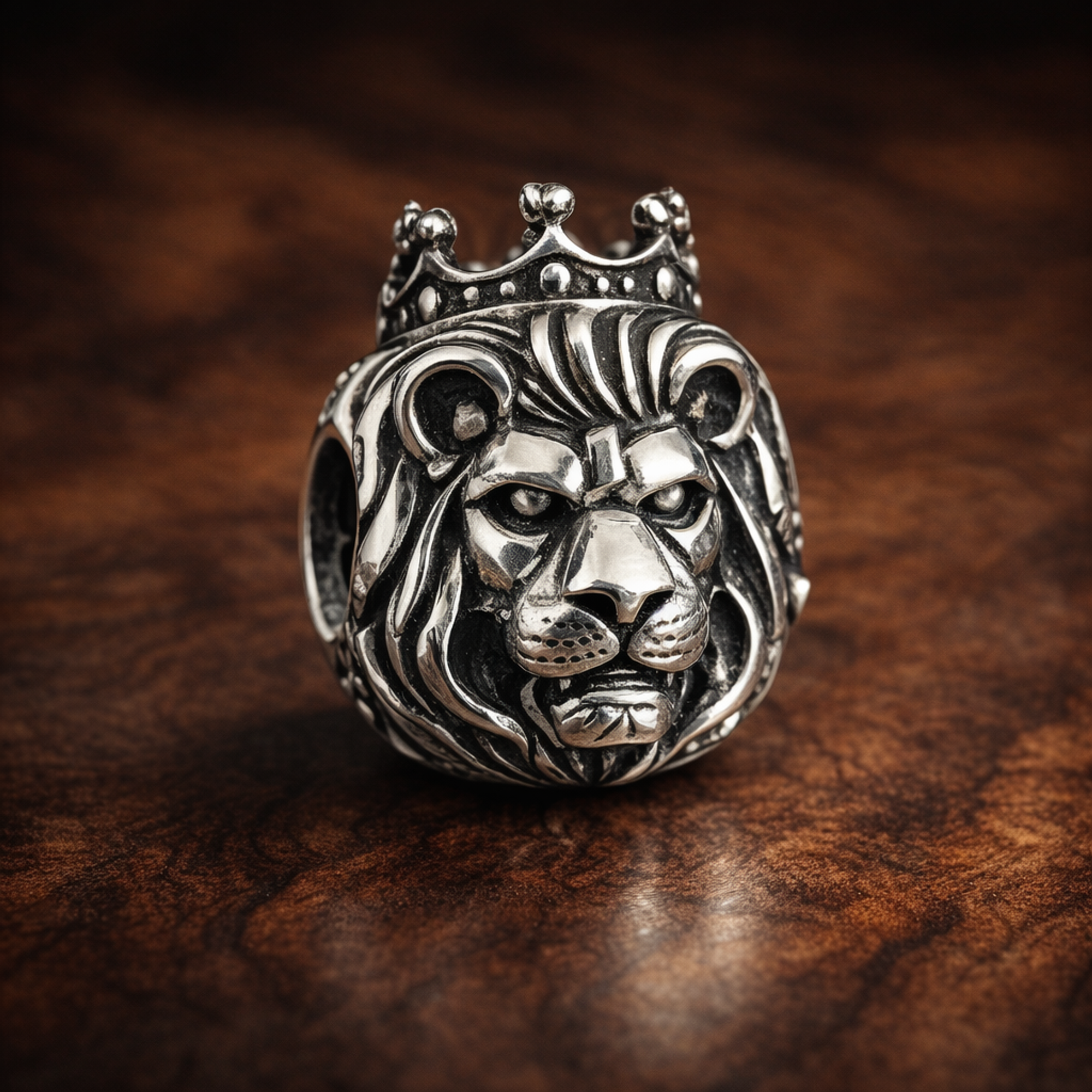 Lion Head Charm - Crowned Lion Head Charm — display on walnut