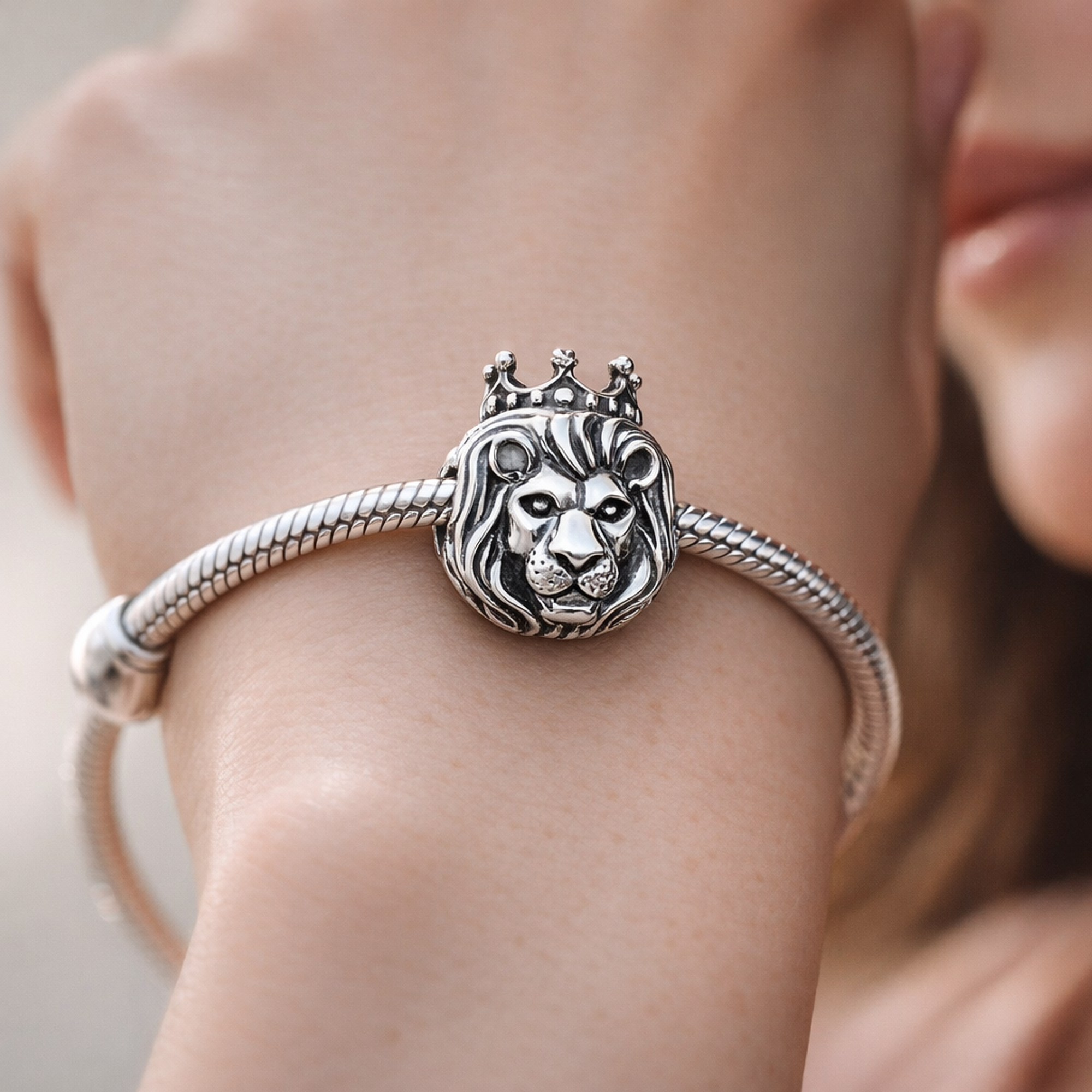 Lion Head Charm - Crowned Lion Head Charm — worn on wrist