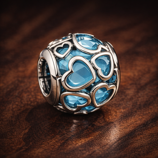 Blue Heart Mosaic Charm - Blue Heart Cutout Bead Charm — display on walnut