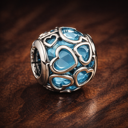 Blue Heart Mosaic Charm - Blue Heart Cutout Bead Charm — display on walnut