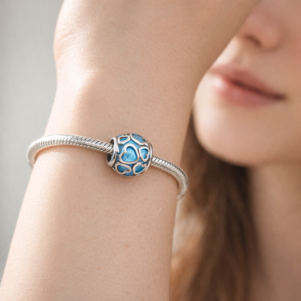 Blue Heart Mosaic Charm - Blue Heart Cutout Bead Charm — worn on wrist