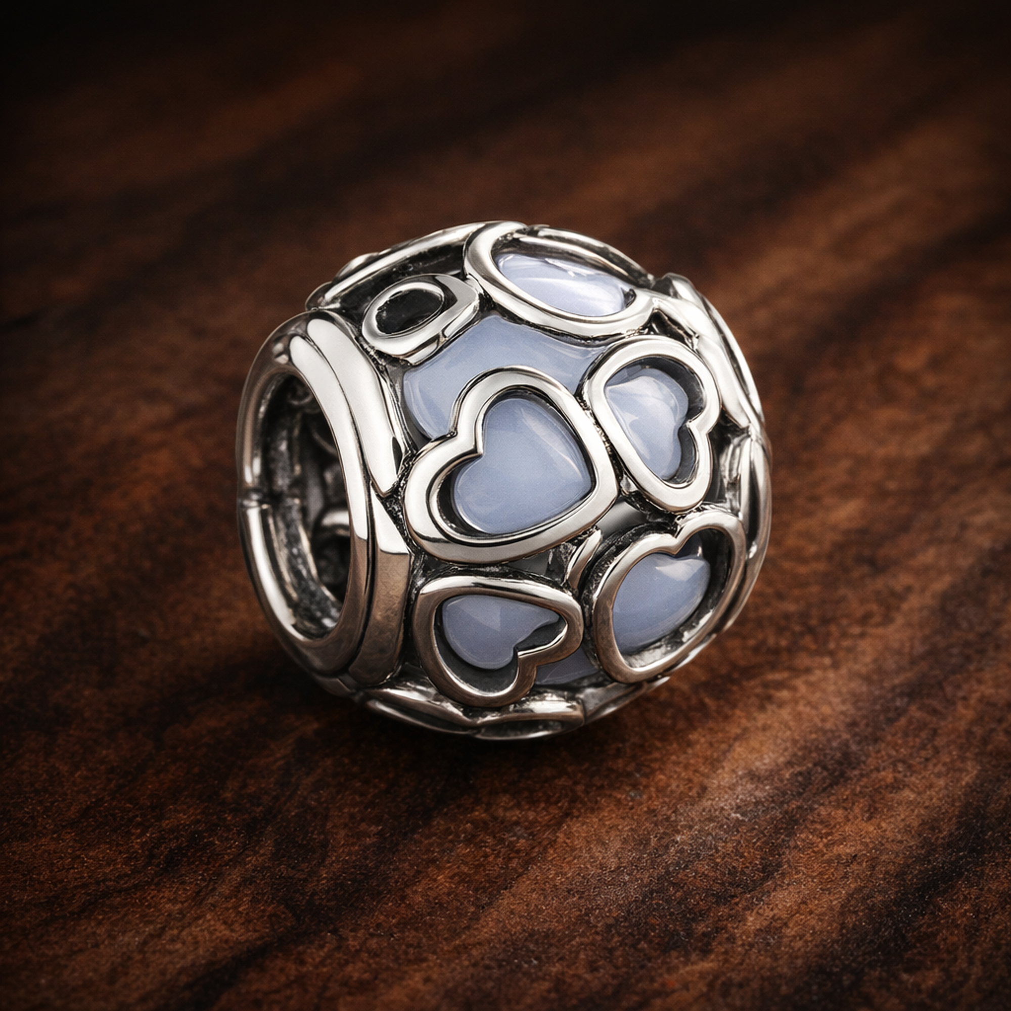 White Heart Mosaic Charm - White Heart Cutout Bead Charm — display on walnut