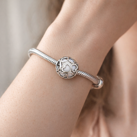 White Heart Mosaic Charm - White Heart Cutout Bead Charm — worn on wrist