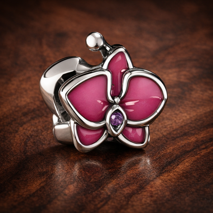 Magenta Orchid Charm - Magenta Orchid Flower Charm — display on walnut