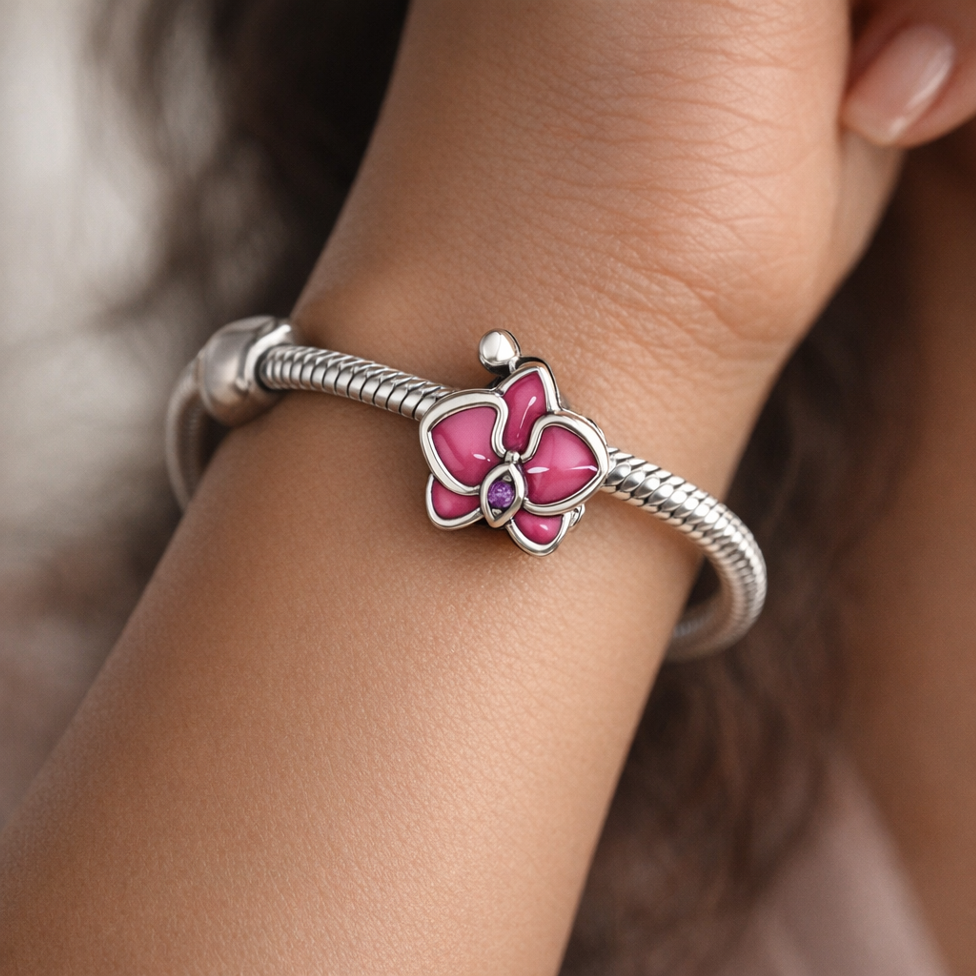 Magenta Orchid Charm - Magenta Orchid Flower Charm — worn on wrist
