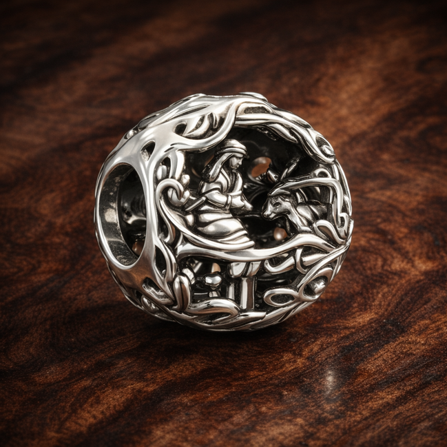 Alice Tea Party Bead - Alice Tea Party Storybook Charm — display on walnut