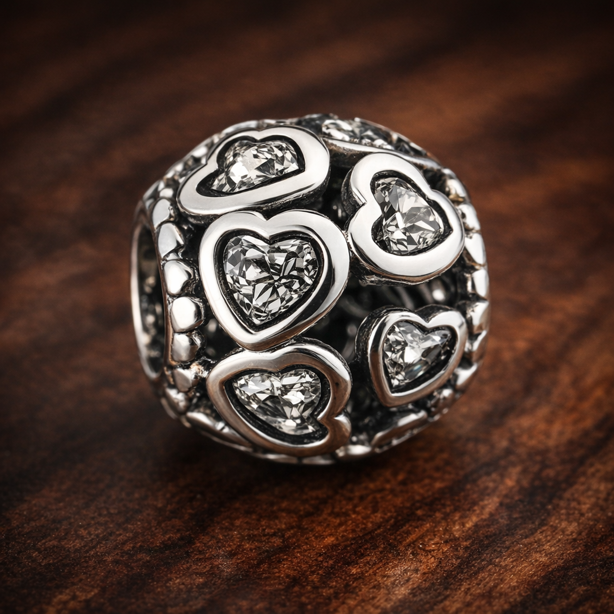 Black Heart Logo Charm - Black and Silver Heart Logo Bead Charm — display on walnut