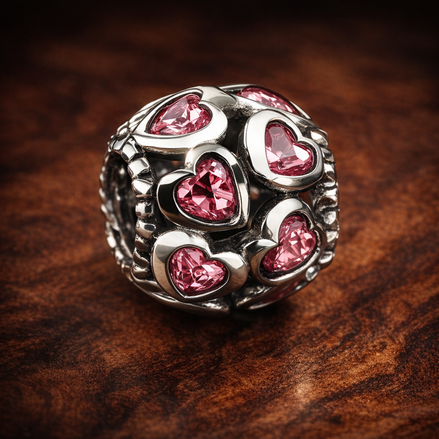 Pink Heart PavÃ© Charm - Pink Heart PavÃ© Bead Charm — display on walnut
