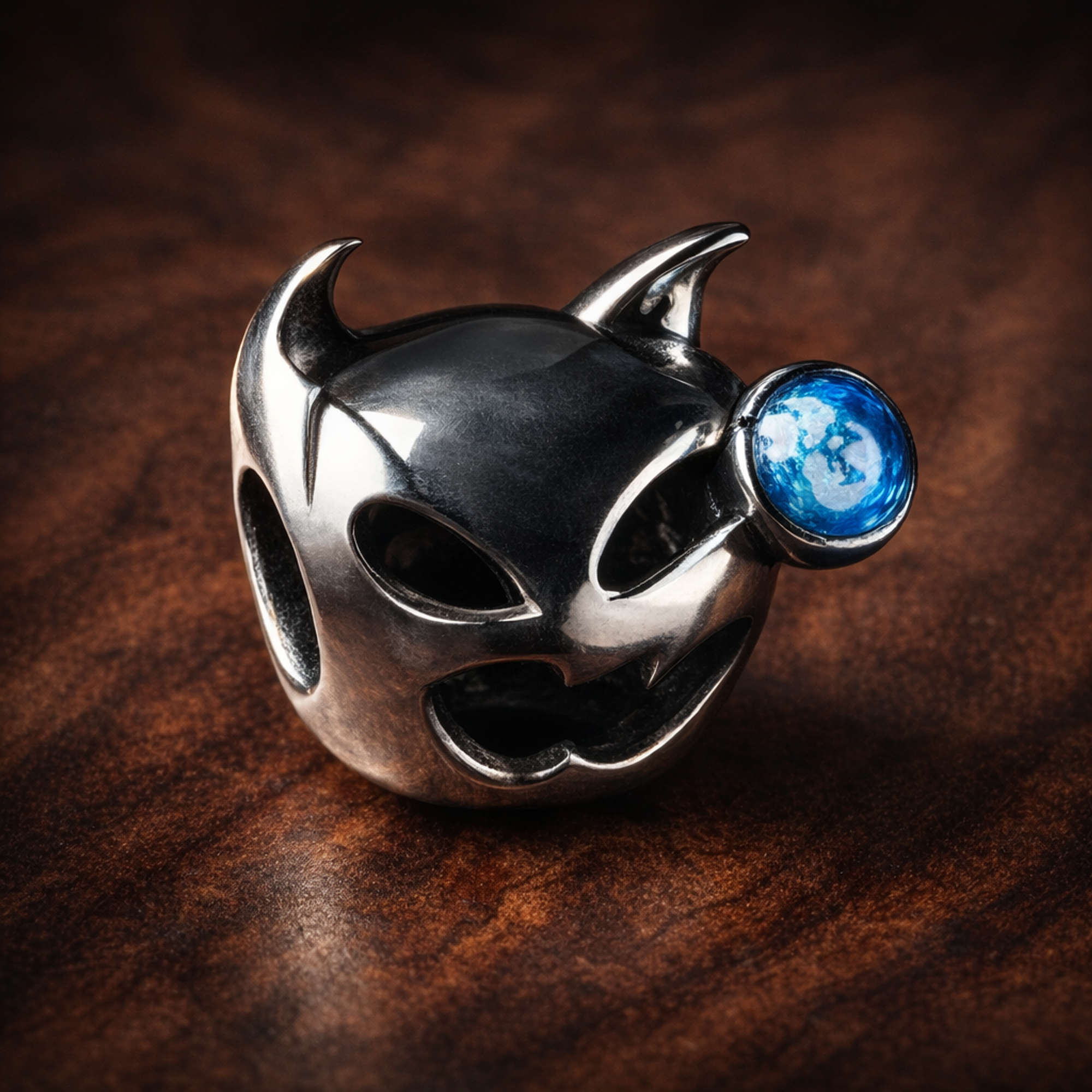 Blue Birthstone Spacer - Blue Stone Smile Spacer Charm — display on walnut