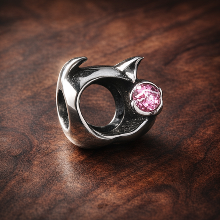 Pink Birthstone Spacer - Pink Stone Smile Spacer Charm — display on walnut