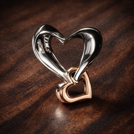 Rose Gold Plated Heart Loop Charm - Silver Heart with Rose Gold Plated Loop Charm — display on walnut
