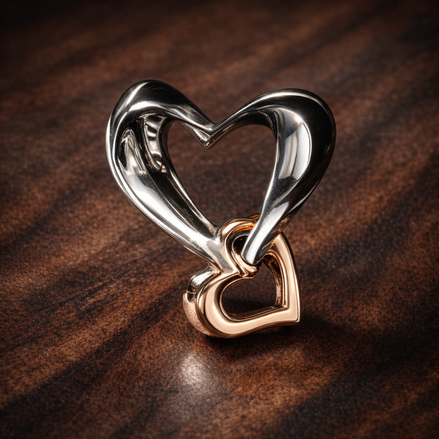 Rose Gold Plated Heart Loop Charm - Silver Heart with Rose Gold Plated Loop Charm — display on walnut