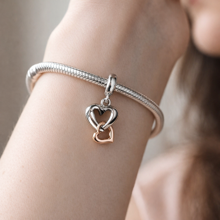 Rose Gold Plated Heart Loop Charm - Silver Heart with Rose Gold Plated Loop Charm — worn on wrist