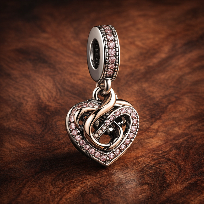 Two-tone Infinity Heart Double Dangle Charm — display on walnut
