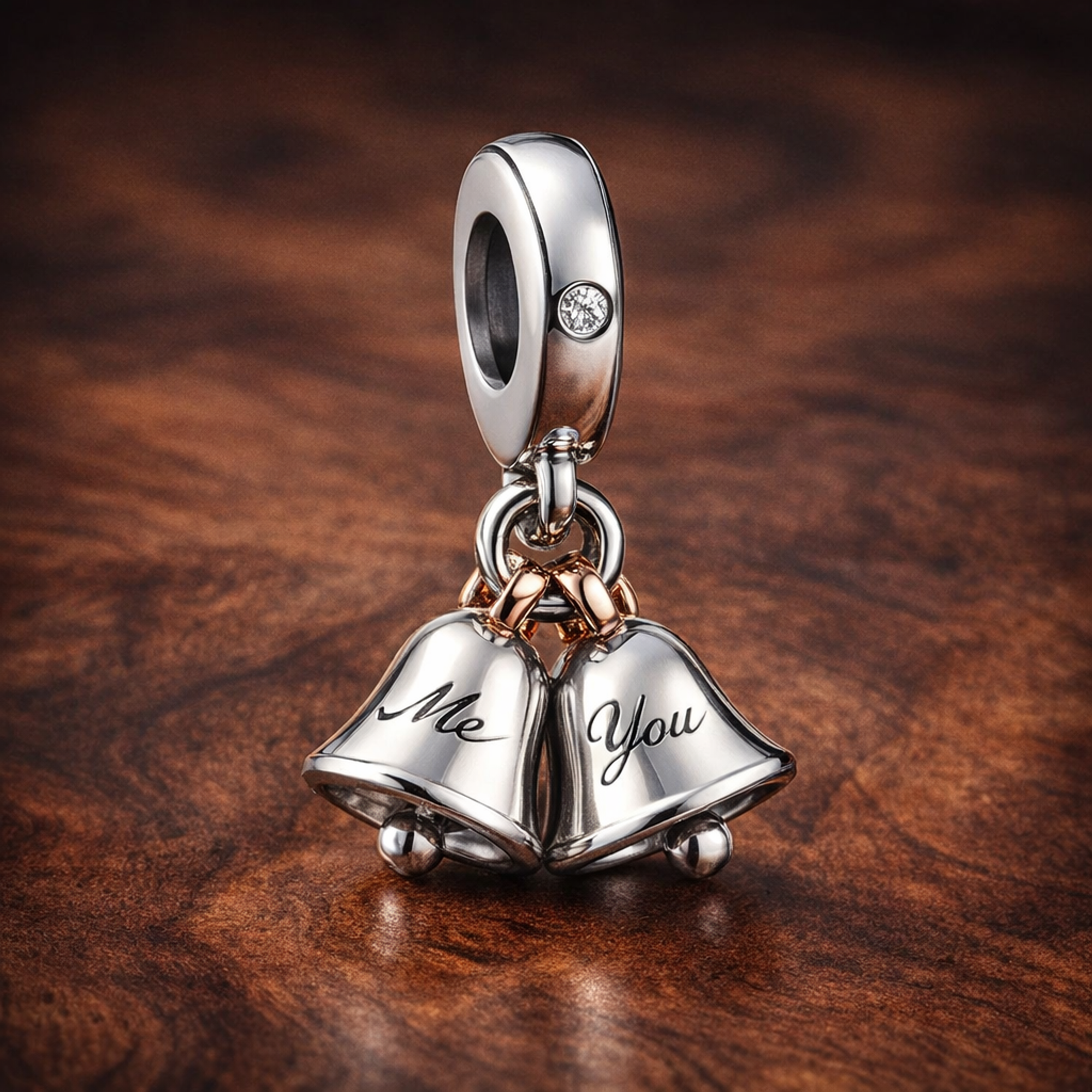 Wedding Bells Charm - Two Tone Wedding Bells Dangle Charm — display on walnut