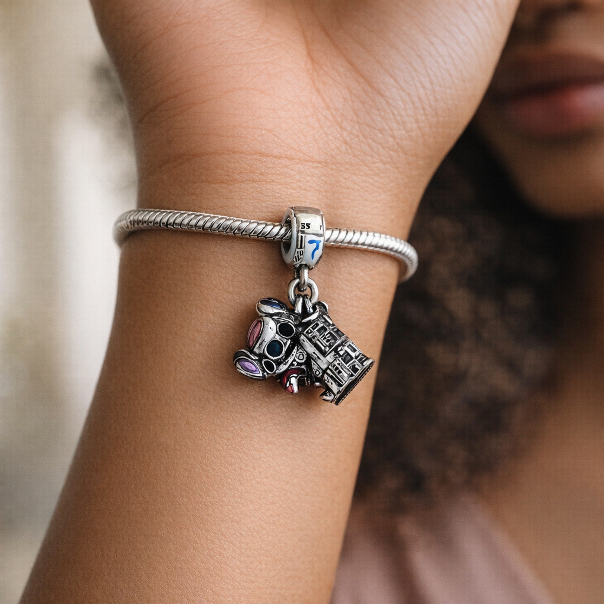 Robot Travel Charm - Robot and Suitcase Cluster Charm — worn on wrist