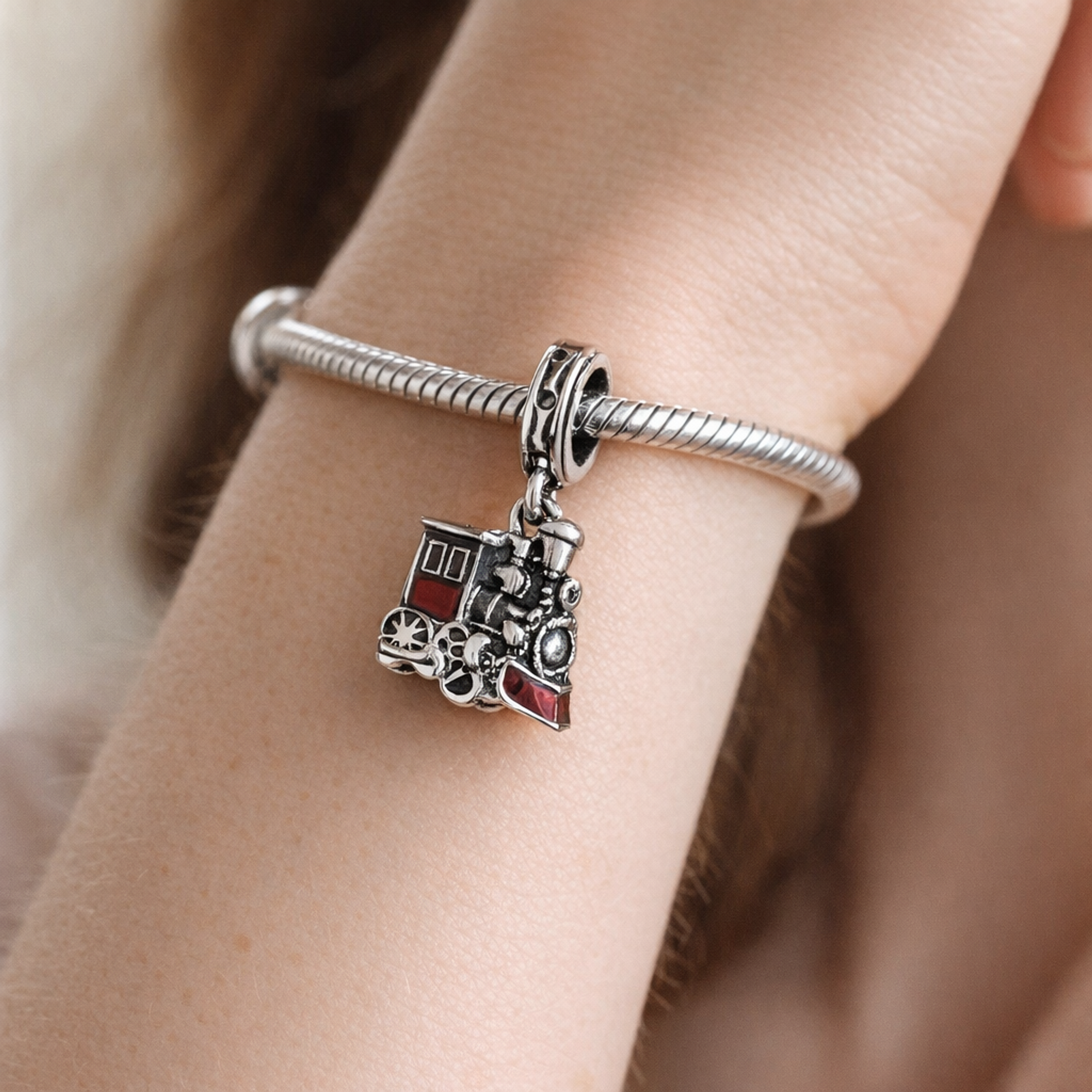 Red Train Charm - Red Locomotive Train Charm — worn on wrist