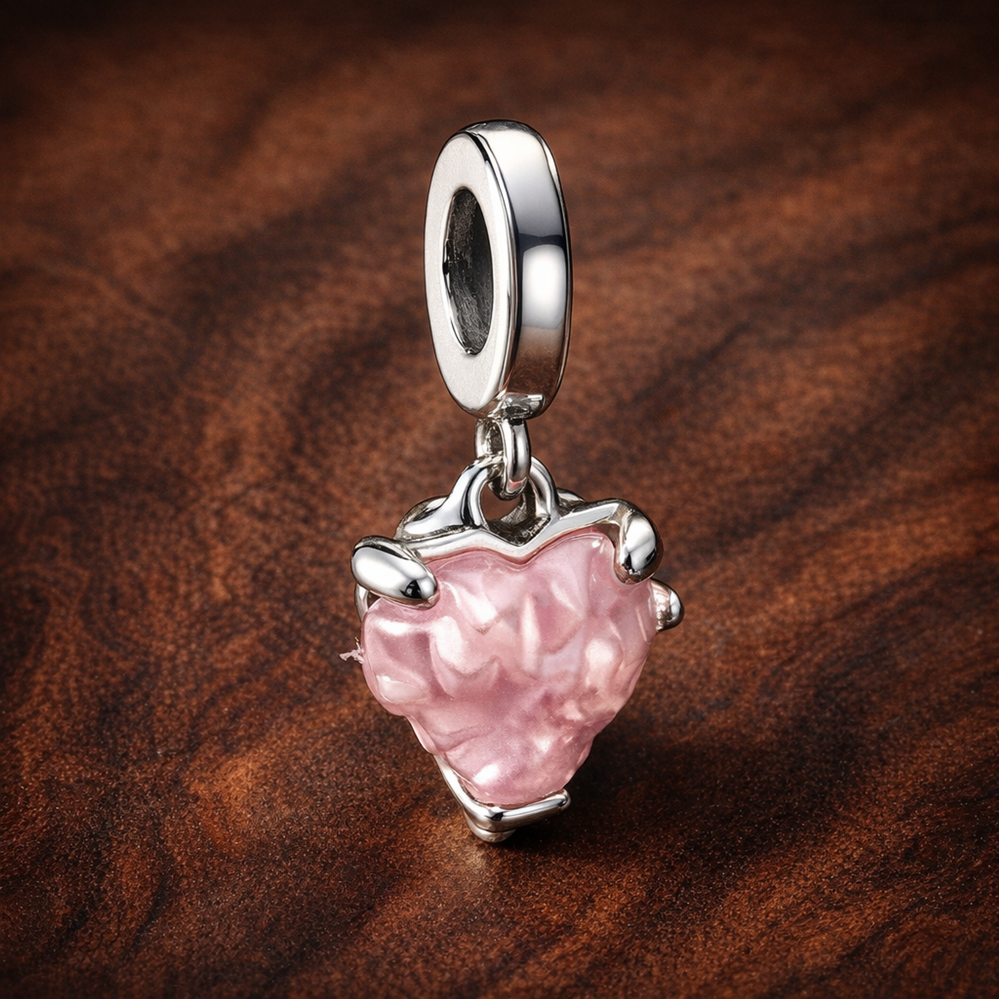 Pink Cupcake Charm - Pink Frosted Cupcake Dangle Charm — display on walnut