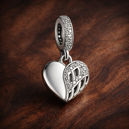 Angel Wing Heart Charm - Angel Wing and Heart Dangle Charm — display on walnut