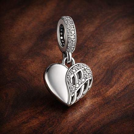 Angel Wing Heart Charm - Angel Wing and Heart Dangle Charm — display on walnut