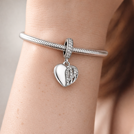 Angel Wing Heart Charm - Angel Wing and Heart Dangle Charm — worn on wrist