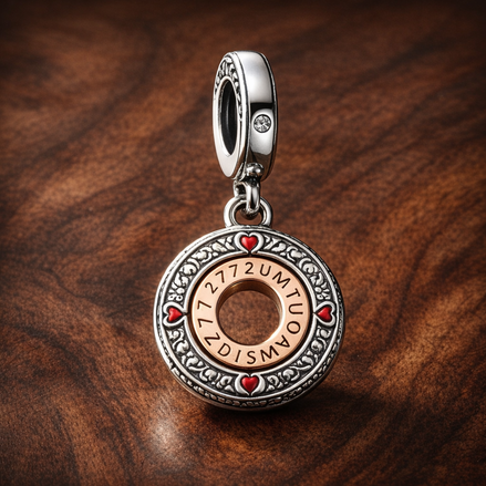 Round Clock Charm - Rose Gold Plated Clock Face Dangle Charm — display on walnut