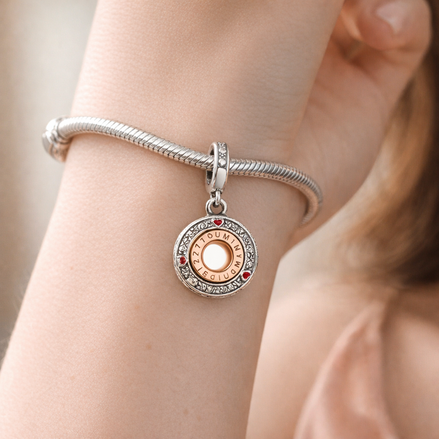 Round Clock Charm - Rose Gold Plated Clock Face Dangle Charm — worn on wrist