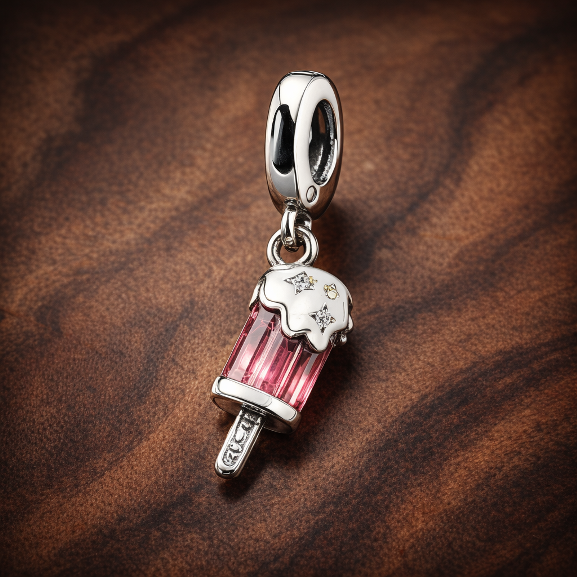 Sprinkled Popsicle Dangle Charm — display on walnut