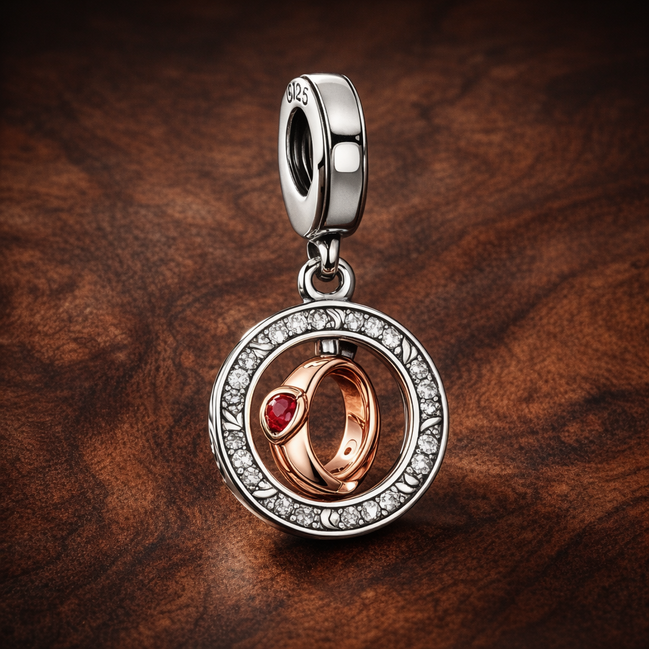 Rose Gold Plated Oval Portrait Charm - Rose Gold Plated Oval Birthstone Portrait Charm — display on walnut