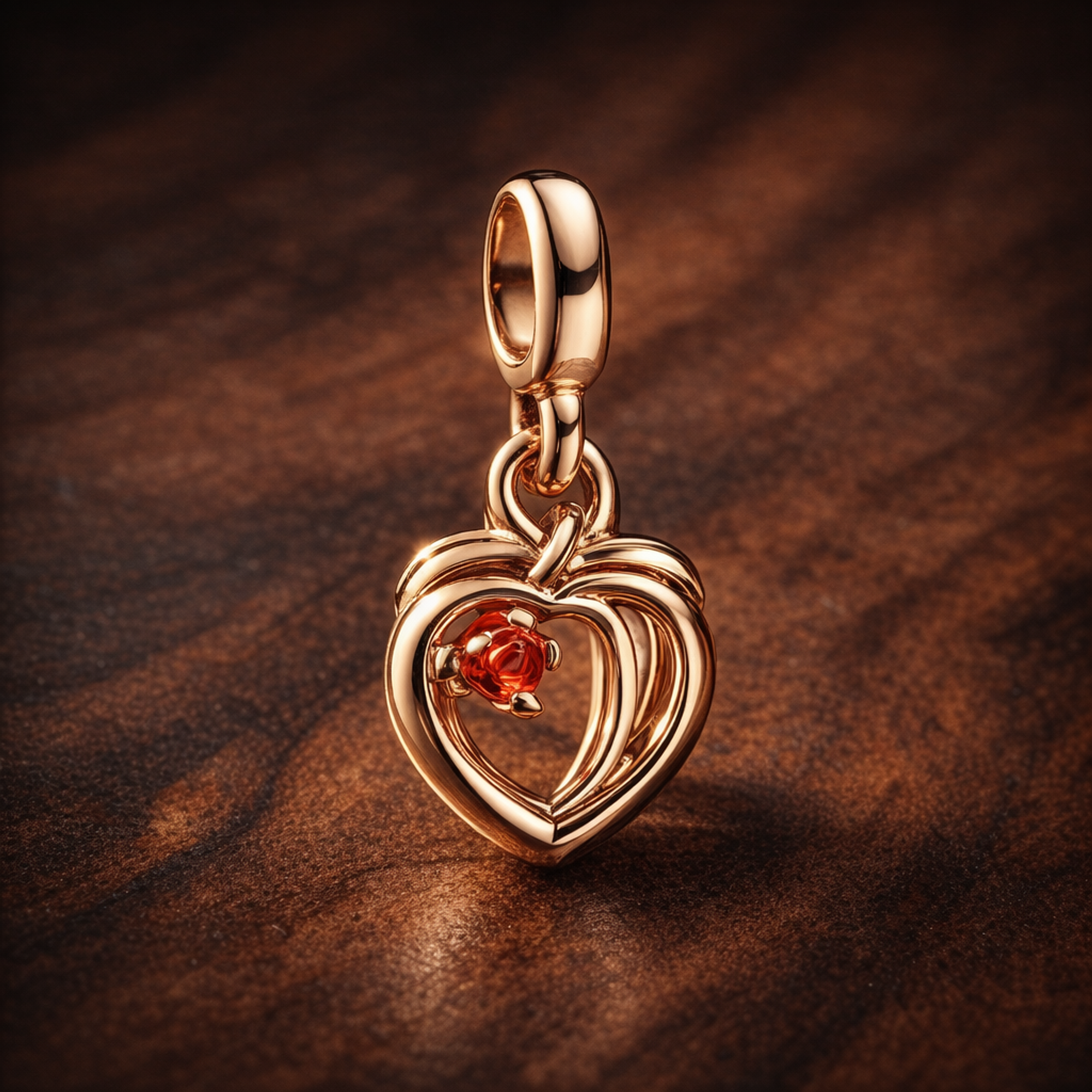 Rose Gold Plated Double Heart Charm - Rose Gold Plated Double Heart Dangle Charm — display on walnut