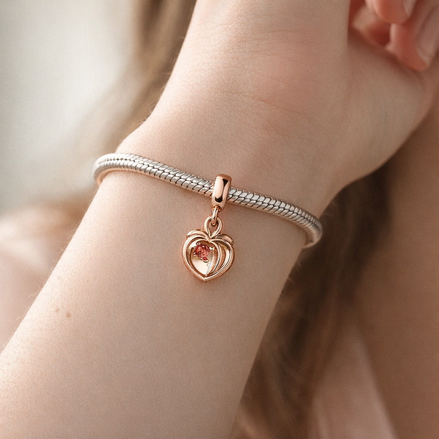Rose Gold Plated Double Heart Charm - Rose Gold Plated Double Heart Dangle Charm — worn on wrist