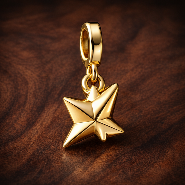 Gold Plated Origami Bird Charm - Gold Plated Origami Crane Dangle Charm — display on walnut