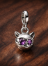 Purple Owl Charm - Purple Eyed Owl Dangle Charm — display on walnut