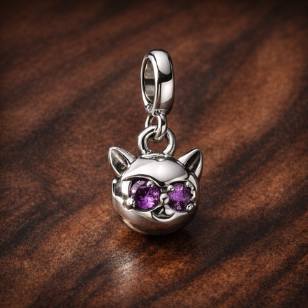 Purple Owl Charm - Purple Eyed Owl Dangle Charm — display on walnut