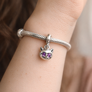 Purple Owl Charm - Purple Eyed Owl Dangle Charm — worn on wrist