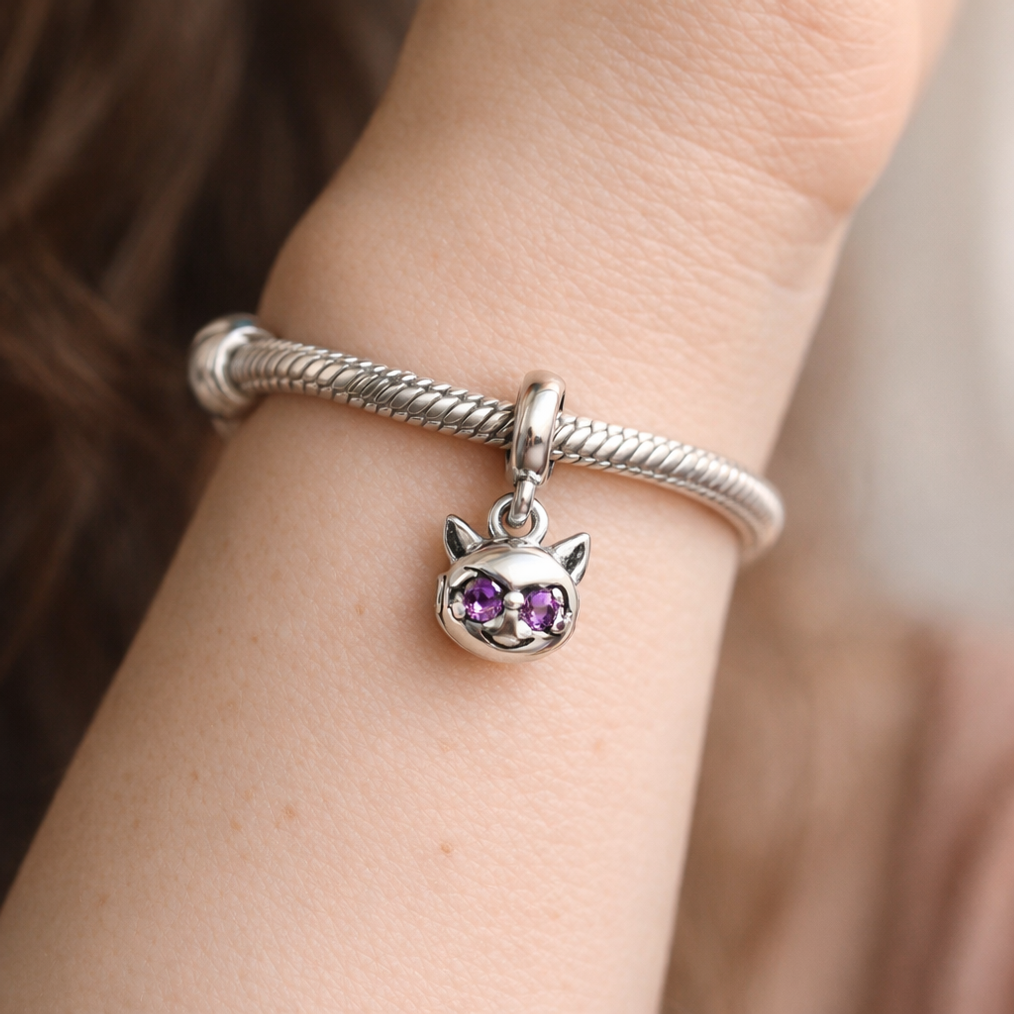 Purple Owl Charm - Purple Eyed Owl Dangle Charm — worn on wrist