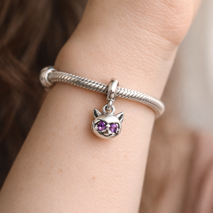 Purple Owl Charm - Purple Eyed Owl Dangle Charm — worn on wrist